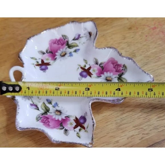Vintage Summer Rose Leaf Shape Trinket Dish floral design gold trim 5" - Picture 6 of 6